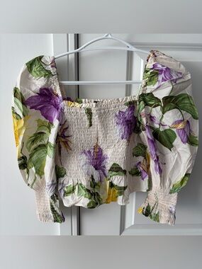 Zara Floral Smocked Puff-Sleeve Top - Cream with Purple & Green
